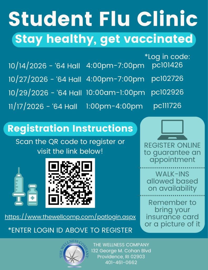 Blue and sage background with information regarding the fall Student Flu Clinics