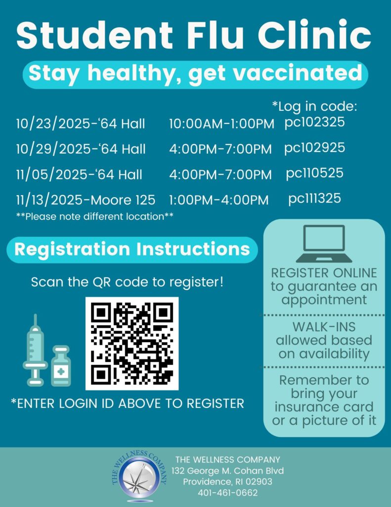 Blue and sage background with information regarding the fall Student Flu Clinics