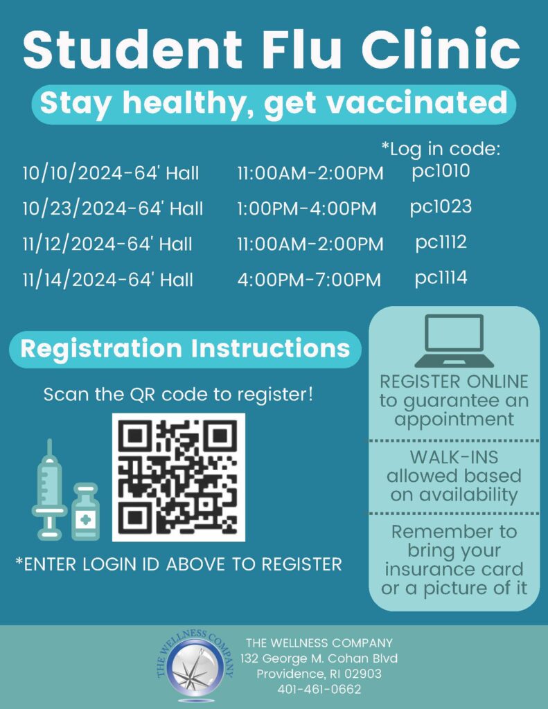 Image regarding Student Flu Clinics with blue and sage background.